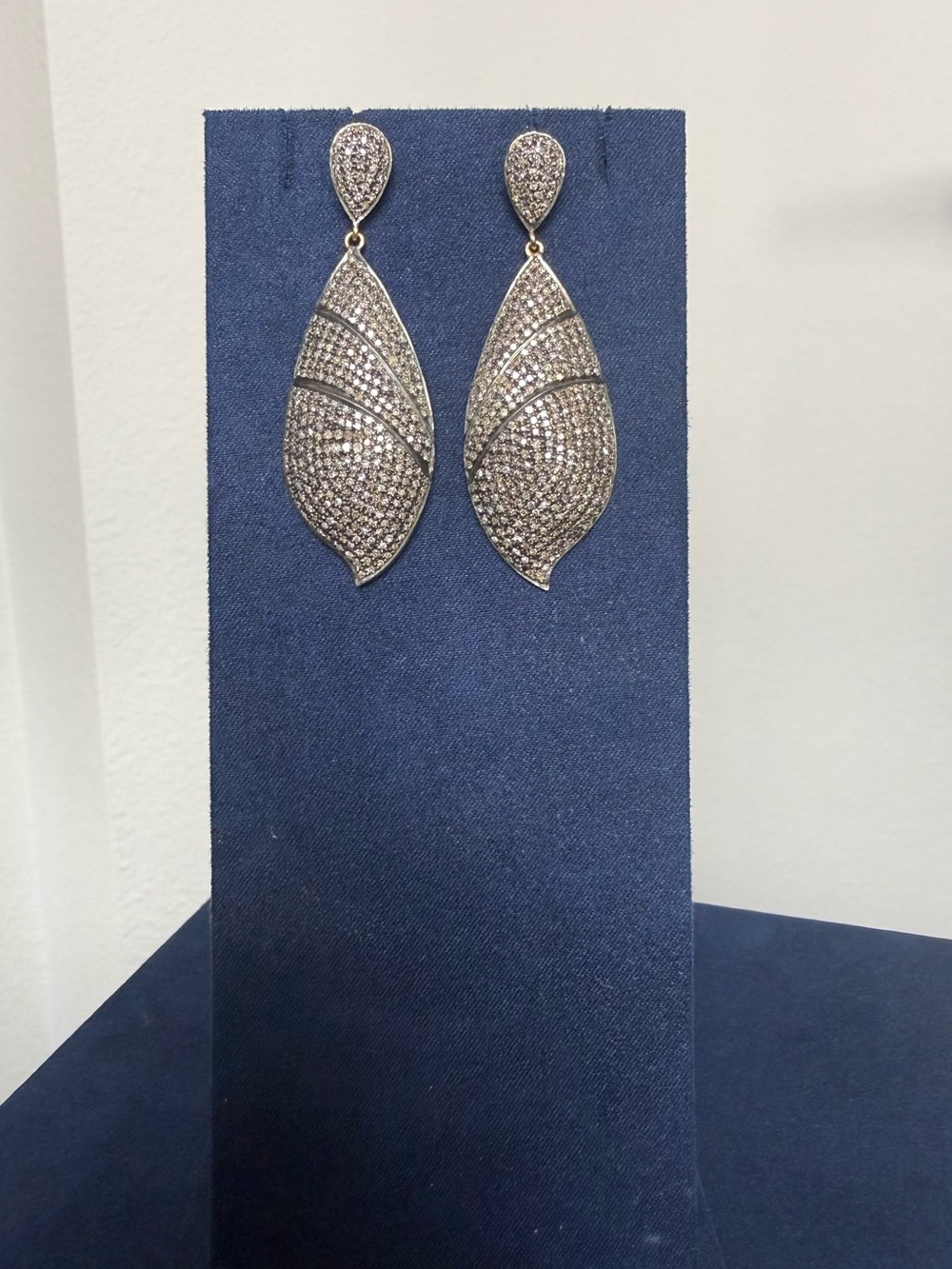 Diamond Pave Leaf Drop Earrings - Silver